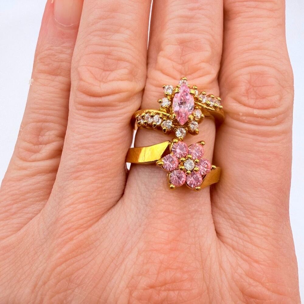 2 Vintage Pink CZ Gold Tone Flower Marquise Ring Set Size 6.75 Victorian